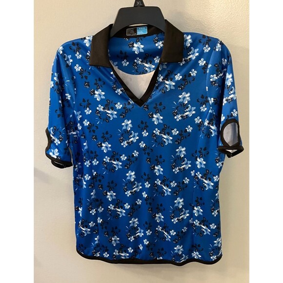 PGA Tour Womens V-neck UPF FPU 50 Blue/Black Flowered Golf Shirt Medium - Picture 1 of 9